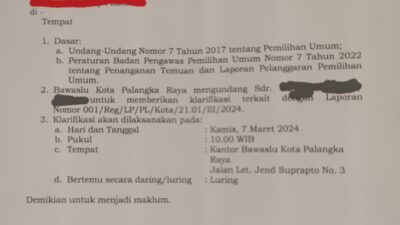 Caleg Gerindra Dapil 2 Palangka Raya Dilaporkan Ke Bawaslu, Diduga Langgar Peraturan